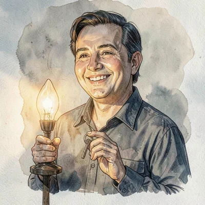 Portrait of a smiling renter holding new keys, single warm lamp pool