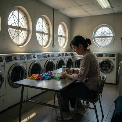 The communion of sorting colors at a laundromat folding table