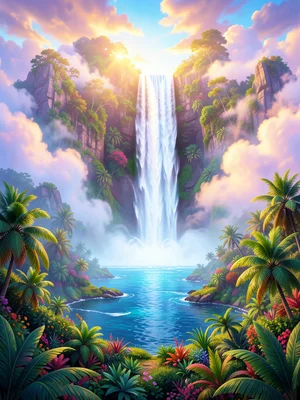 Waterfall flowing upward from pool into clouds, lush tropical setting around bas