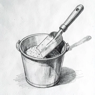 Pen-and-ink study of a margin trowel digging into a bucket of thinset, loose han