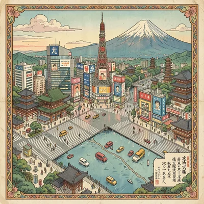 Illustrated map illustration, Tokyo with Shibuya crossing, temples, and Mt Fuji 