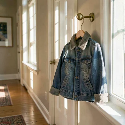 Hero-alt of a child's coat hung on a brass peg in a sunlit hallway