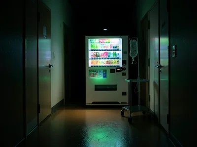 A single vending machine at the end of a hospital corridor at 3am, the only ligh