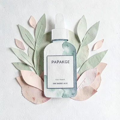 Papercraft skincare bottle silhouette surrounded by cut-paper leaves and petals,