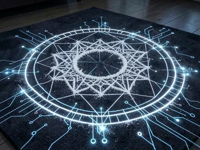 Morning threshold kolam drawn with light-emitting traces on smart doormat surfac