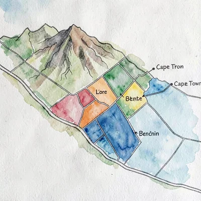 Hand-drawn map of central Cape Town and the peninsula, color-blocked districts,