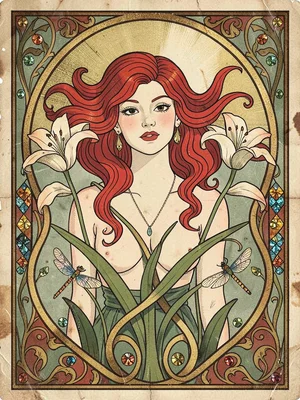 Art Nouveau woman with lilies and dragonflies