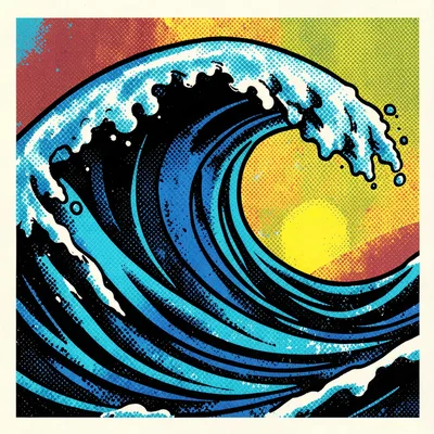Halftone dot illustration, dramatic ocean wave , Ben-Day dots, pop art aesthetic
