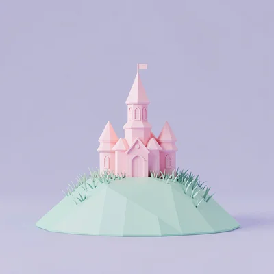 Tiny pastel-pink lowpoly castle sitting on a single hill of mint grass, sky a fl