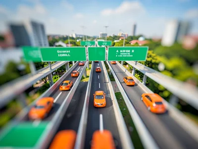 Modern overpass tilt-shift photograph from drone altitude, saturated emerald roo