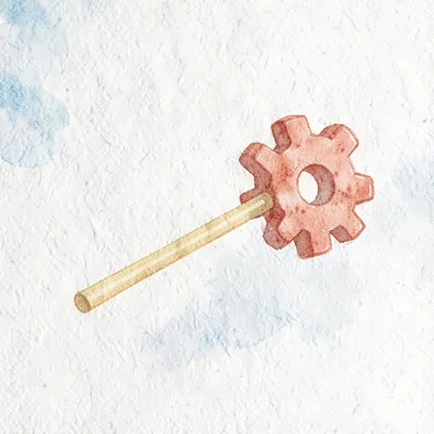 flat-vector single cog-and-rod abstract — coral cog turning at the end of a slim