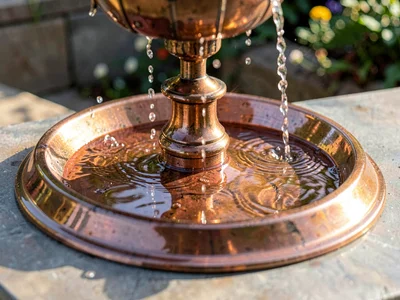 Copper fountain showing water flow