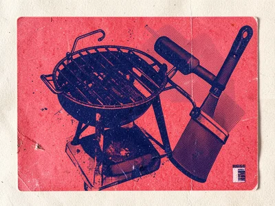 Risograph print of grill and tools in two-color, red and navy overlap