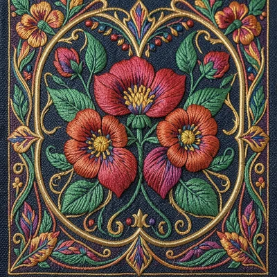 Embroidered Oaxacan textile with floral motifs, close-up of stitching, vibrant t