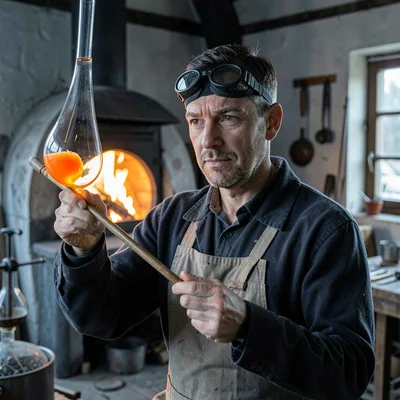 Crisp Alpine clarity, formal composition, Portrait of master glassblower in work