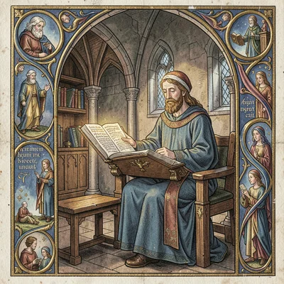 Saint reading a sacred text in a monastery cell