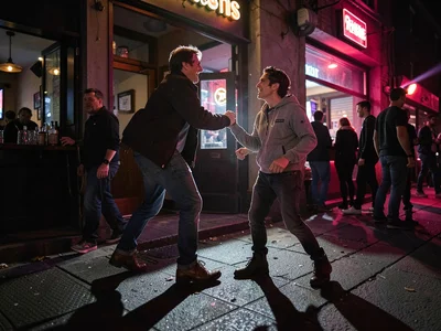Couple fighting outside a club, their shadows thrown long by competing lights, t