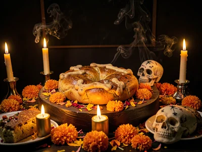 Pan de muerto offering surrounded by marigolds