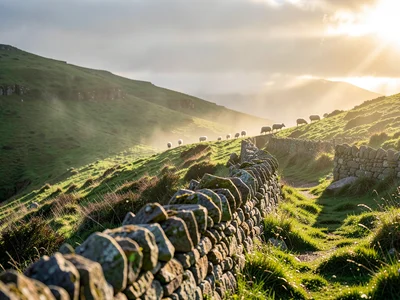 Stone wall cutting through a green hillside with sheep grazing in the distance, 
