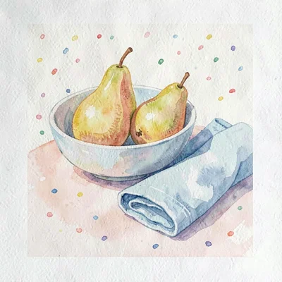 Soft gouache art print of a still life with a bowl of pears and a folded linen,
