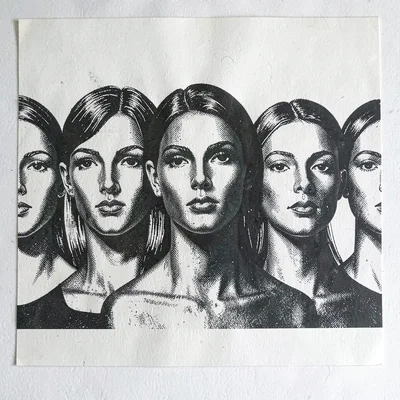 Screenprint workshop poster of a row of mannequin heads in graphic layout, three