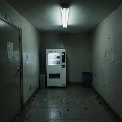 Hotel ice machine alcove at 3am with harsh fluorescent light