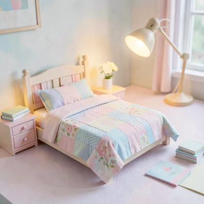 Miniature paper-craft set of a bedroom with patchwork bedspread and folded paper