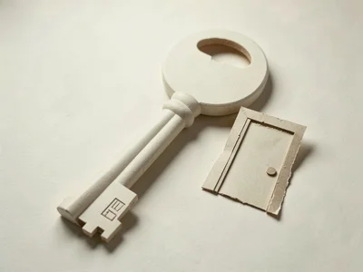 A giant matte papercraft key resting on its side beside a tiny papercraft door,