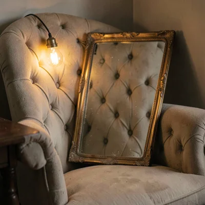 Ambient ig-teaser of a vintage mirror tilted against a tufted chair, single warm