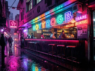 Neon signs in ROYGBIV sequence along bar wall, warm evening ambiance
