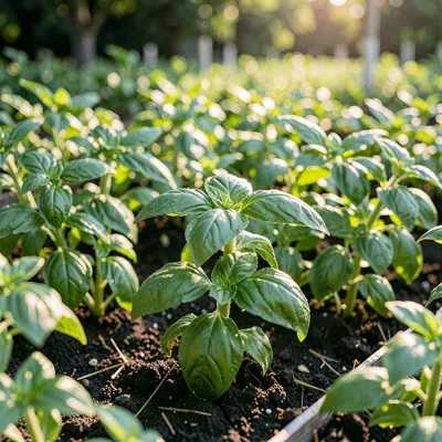 Greenery study of a basil patch in dappled afternoon light