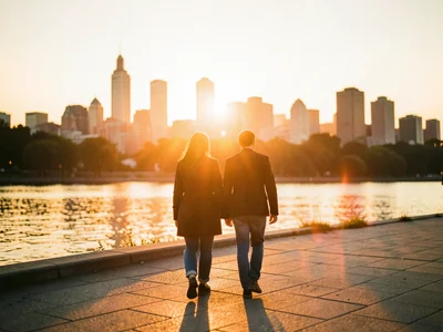 Couple walking along a riverside promenade at sunset, city skyline glowing amber