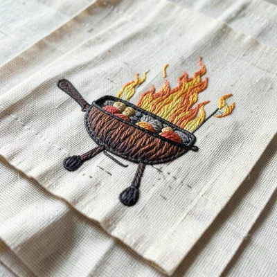 Embroidered BBQ scene on cotton napkin, grill and flames in thread