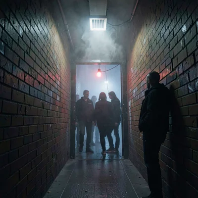 Narrow techno-club doorway with a single red bulb, dark figures queueing along a