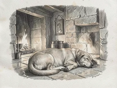 Dog by the fireplace