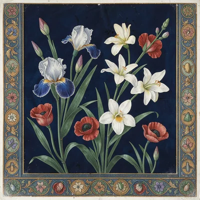 Close-up of a floral border — irises, narcissi, and poppies in minute rendered d