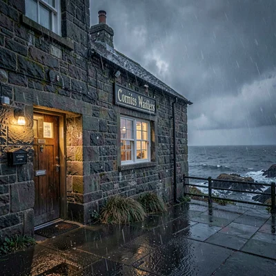 a Cornish smugglers' inn at storm dusk, granite walls battered by rain, a low do