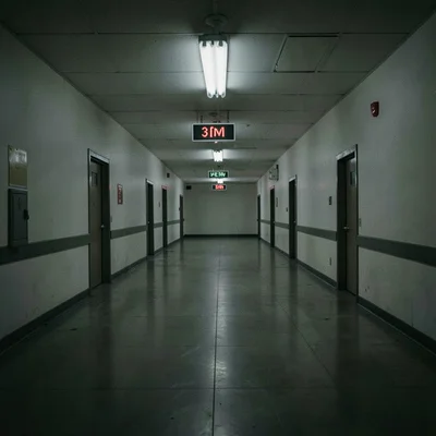 Empty shopping mall service corridor at 3am with exit signs