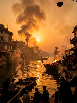 Funeral pyre smoke at sunset