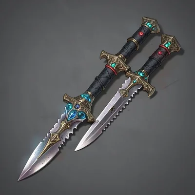 Fantasy weapon illustration, a assassin's dagger pair, poison reservoirs in hilt