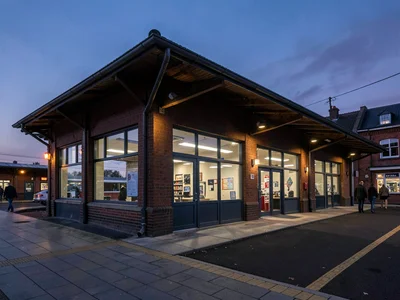 Train station exterior twilight