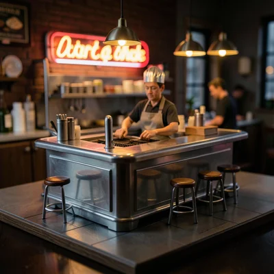 A diorama of a midnight diner: chrome counter, tiny stools, a cook behind the gr