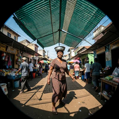 Harsh equatorial noon light casting deep shadows, Market woman with basin on hea