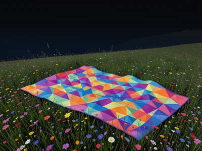 Family spreading large blanket on hill overlooking meadow of wildflowers