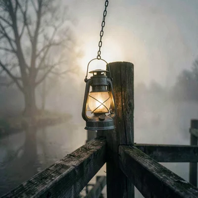 IG teaser tile of a swinging lantern on a dock railing, fog reducing the world t