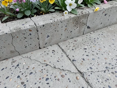 Brutalist concrete planter overflowing with spring flowers, contrast of hard and
