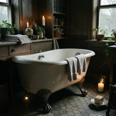 A bathroom in an old house: a clawfoot tub, hexagonal tile floor, a bar of soap 
