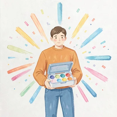 A single figure holding an open paint kit, twenty tiny shapes radiating outward
