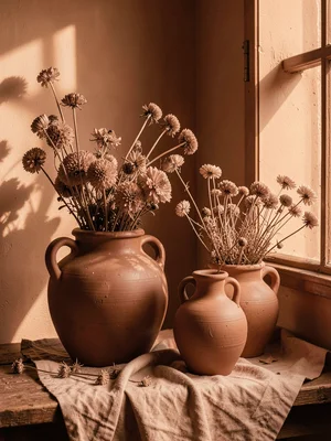 Terracotta monochrome still life, clay pots, dried flowers, linen, rust-toned wi