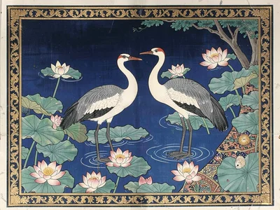 Two cranes standing in a river of lotus blossoms